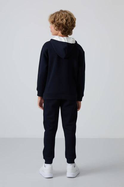 Navy Blue Cotton Thick Fleece-Lined Soft Textured Standard Fit Printed Boys' Tracksuit Set - 11246