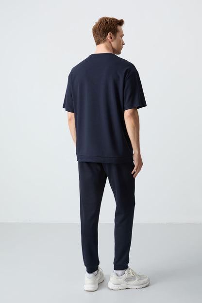 Navy Blue Cotton Thick Soft Textured Oversize Fit Basic Men's Tracksuit Set - 85261