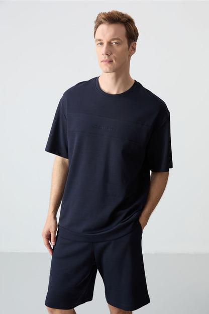 Navy Blue Cotton Thick Soft Textured Comfort Fit Basic Men's Shorts Set - 85257