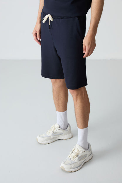 Navy Blue Cotton Thick Soft Textured Comfort Fit Basic Men's Shorts Set - 85257