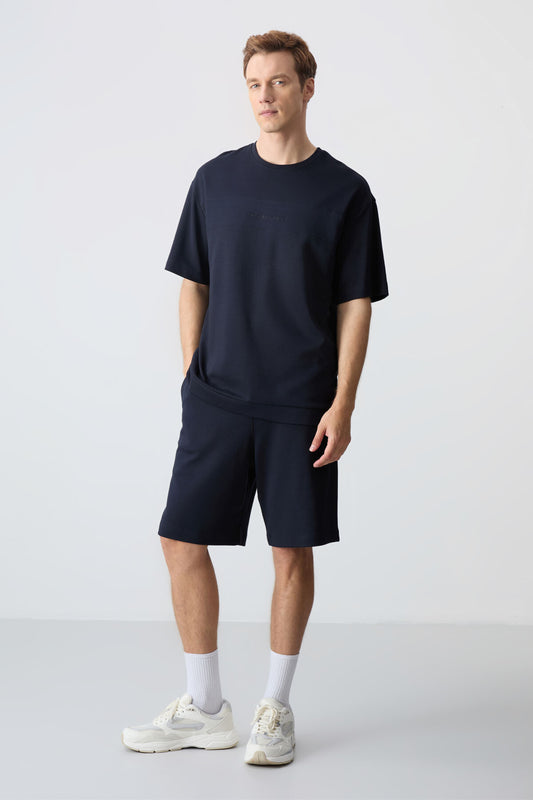 Navy Blue Cotton Thick Soft Textured Comfort Fit Basic Men's Shorts Set - 85257