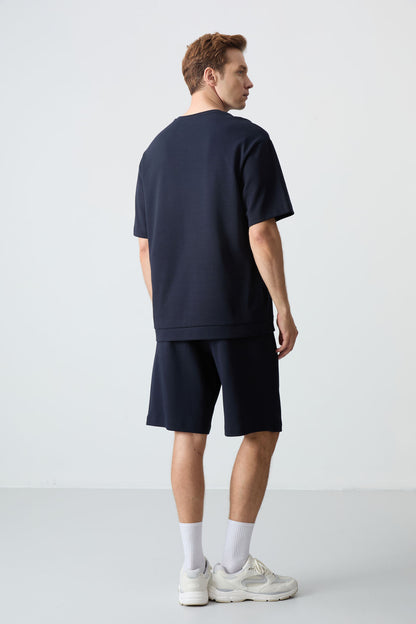 Navy Blue Cotton Thick Soft Textured Comfort Fit Basic Men's Shorts Set - 85257