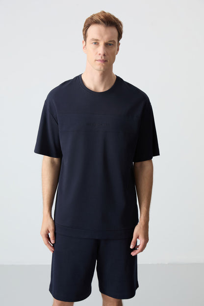 Navy Blue Cotton Thick Soft Textured Comfort Fit Basic Men's Shorts Set - 85257