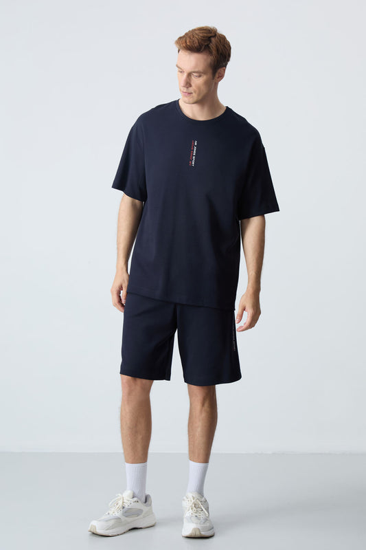 Navy Blue Cotton Thick Soft Textured Oversize Fit Basic Men's Shorts Set - 85258