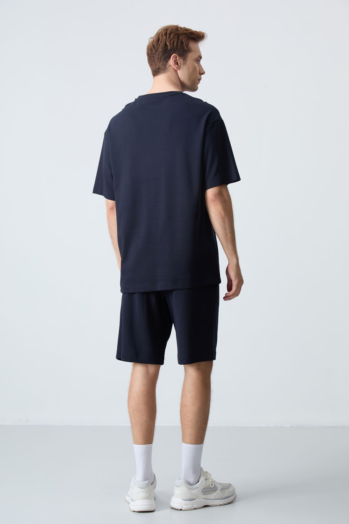 Navy Blue Cotton Thick Soft Textured Oversize Fit Basic Men's Shorts Set - 85258