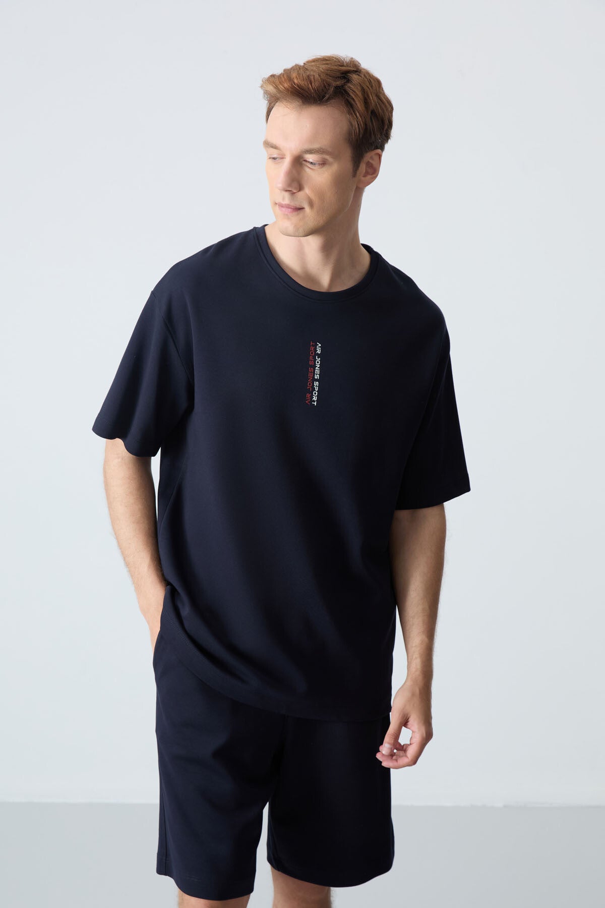 Navy Blue Cotton Thick Soft Textured Oversize Fit Basic Men's Shorts Set - 85258