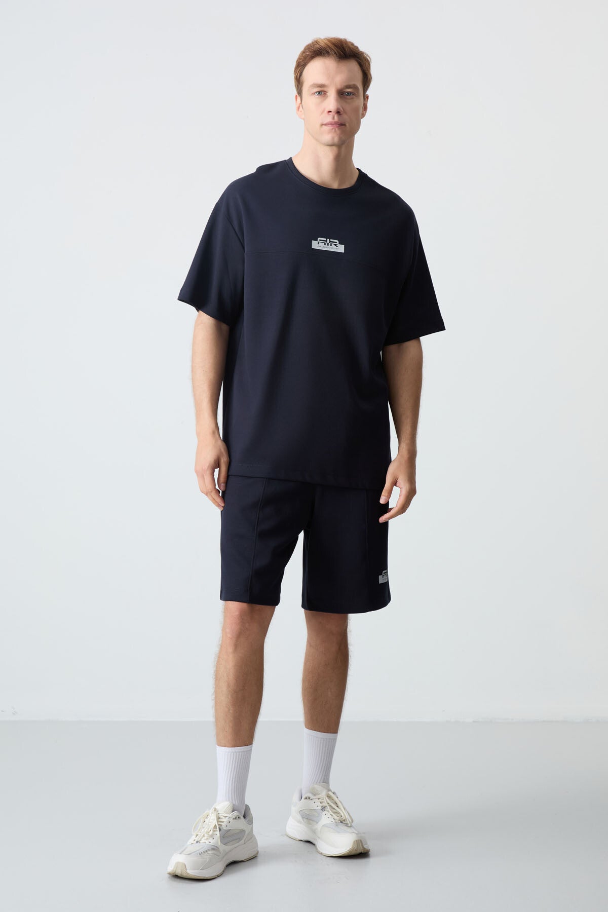 Navy Blue Cotton Thick Soft Textured Oversize Fit Basic Men's Shorts Set - 85259