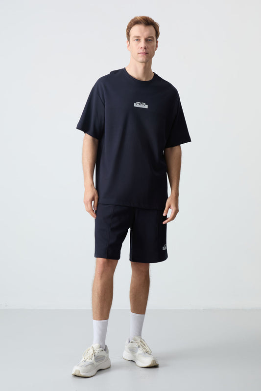 Navy Blue Cotton Thick Soft Textured Oversize Fit Basic Men's Shorts Set - 85259