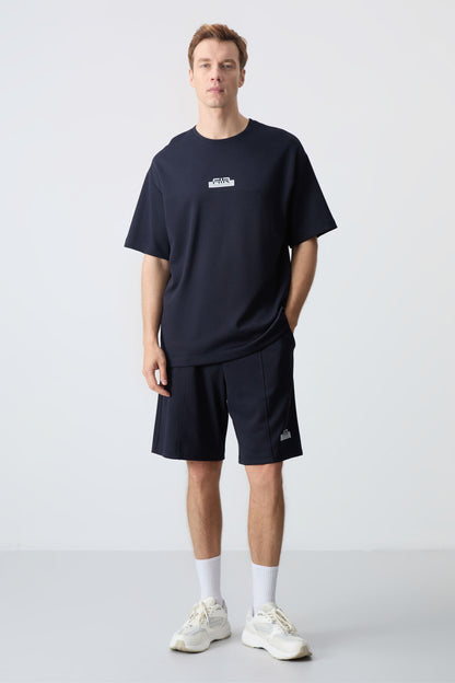 Navy Blue Cotton Thick Soft Textured Oversize Fit Basic Men's Shorts Set - 85259
