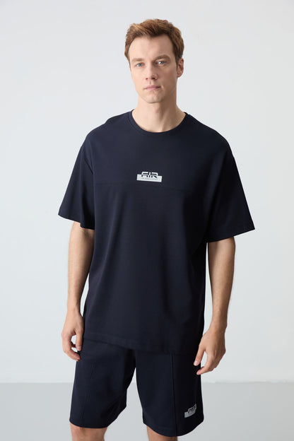 Navy Blue Cotton Thick Soft Textured Oversize Fit Basic Men's Shorts Set - 85259