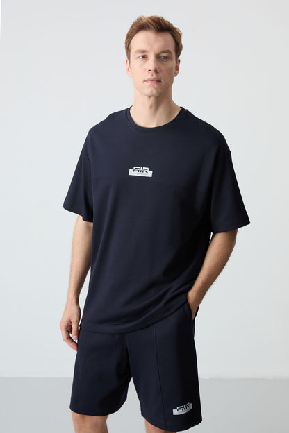 Navy Blue Cotton Thick Soft Textured Oversize Fit Basic Men's Shorts Set - 85259