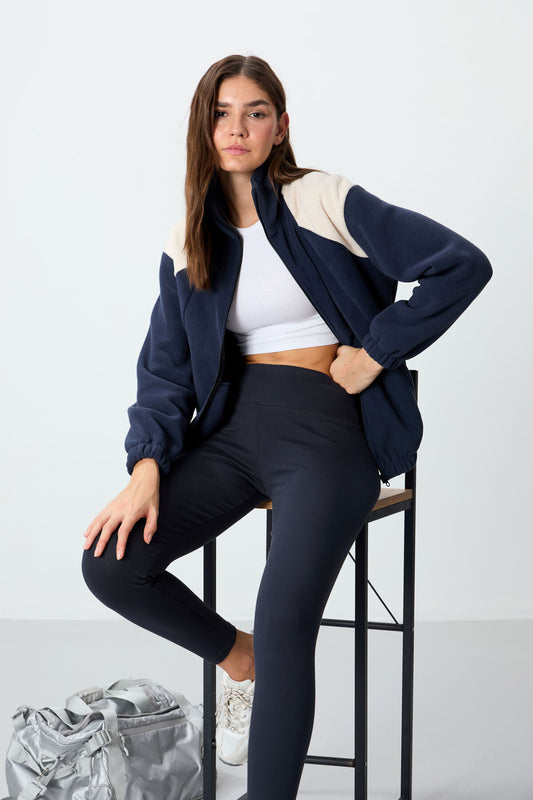Navy Blue Thick Soft Textured Stand Collar Oversize Embroidered Fleece Women's Sweatshirt - 97293