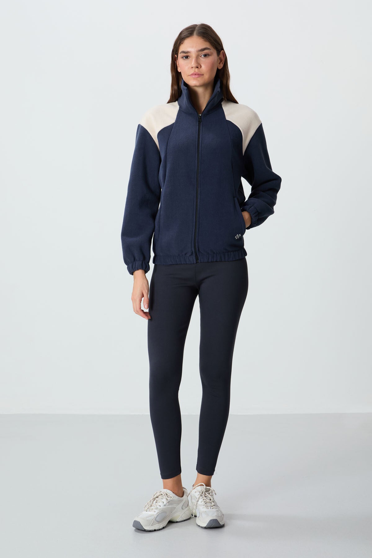 Navy Blue Thick Soft Textured Stand Collar Oversize Embroidered Fleece Women's Sweatshirt - 97293