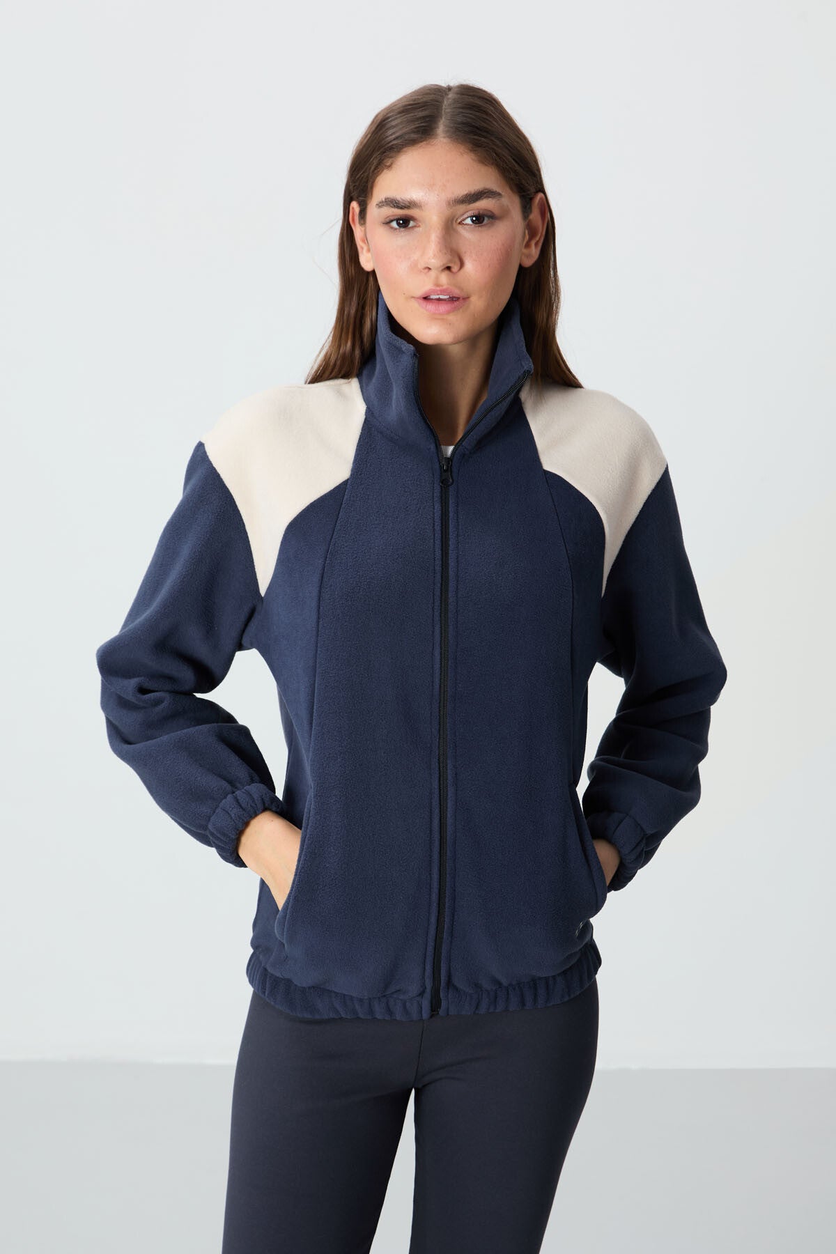 Navy Blue Thick Soft Textured Stand Collar Oversize Embroidered Fleece Women's Sweatshirt - 97293