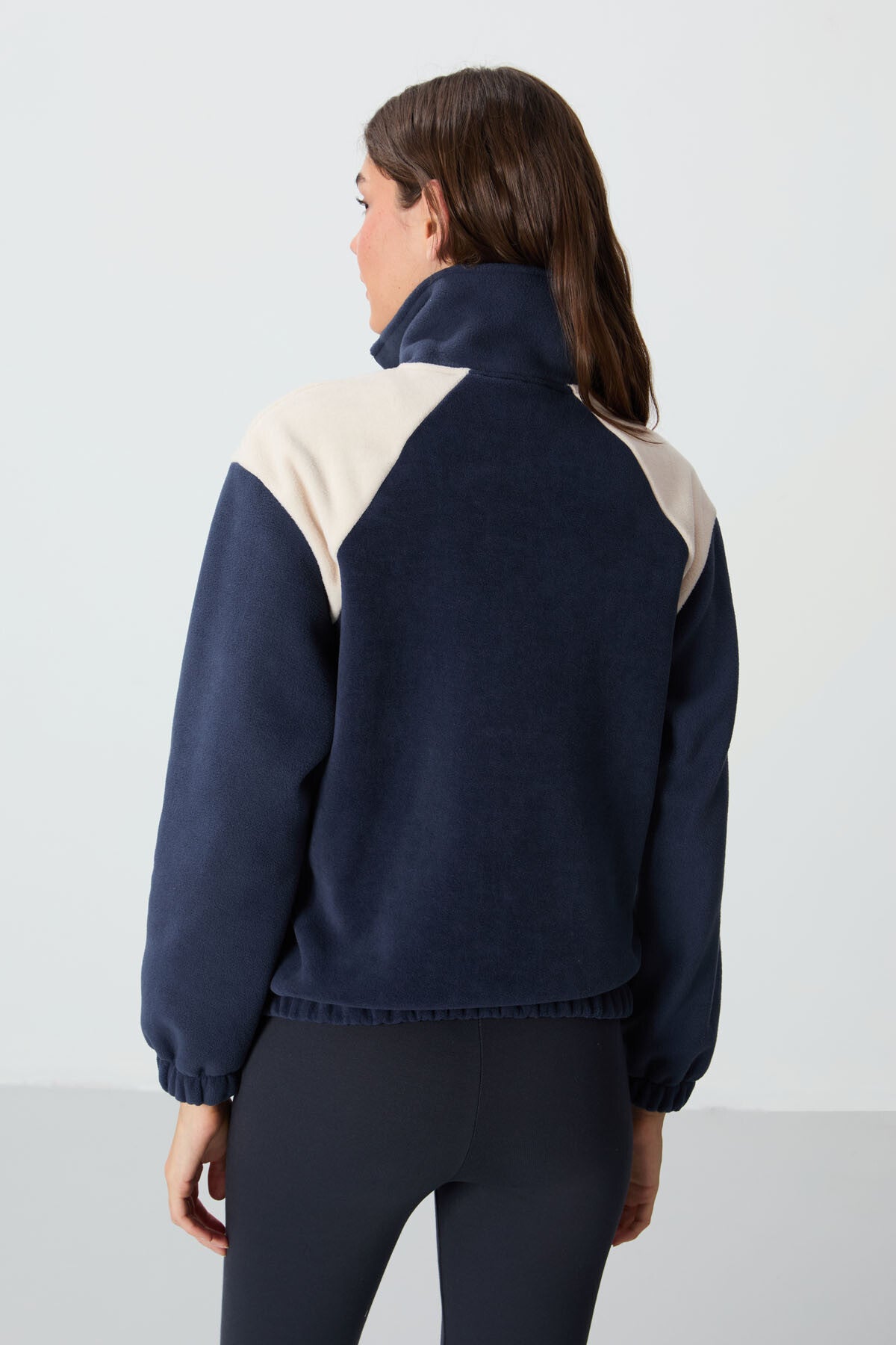 Navy Blue Thick Soft Textured Stand Collar Oversize Embroidered Fleece Women's Sweatshirt - 97293