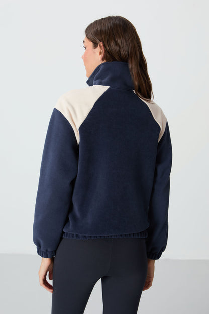 Navy Blue Thick Soft Textured Stand Collar Oversize Embroidered Fleece Women's Sweatshirt - 97293