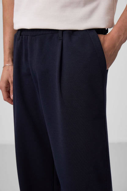 Navy Blue Textured Surface Comfort Fit Palazzo Men's Trousers - 82163