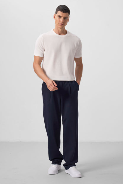 Navy Blue Textured Surface Comfort Fit Palazzo Men's Trousers - 82163