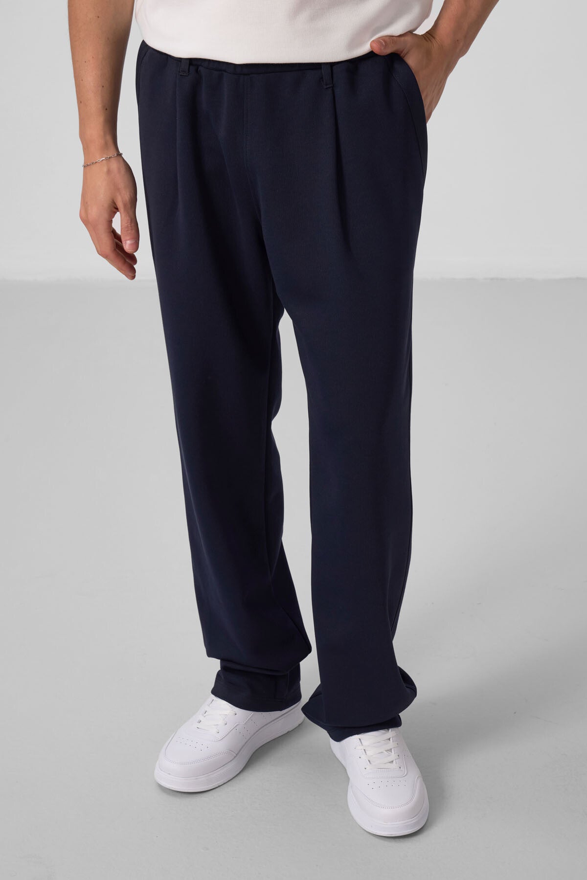 Navy Blue Textured Surface Comfort Fit Palazzo Men's Trousers - 82163