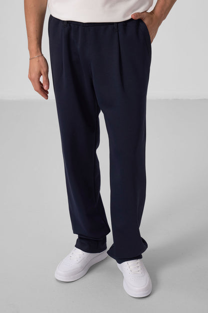 Navy Blue Textured Surface Comfort Fit Palazzo Men's Trousers - 82163