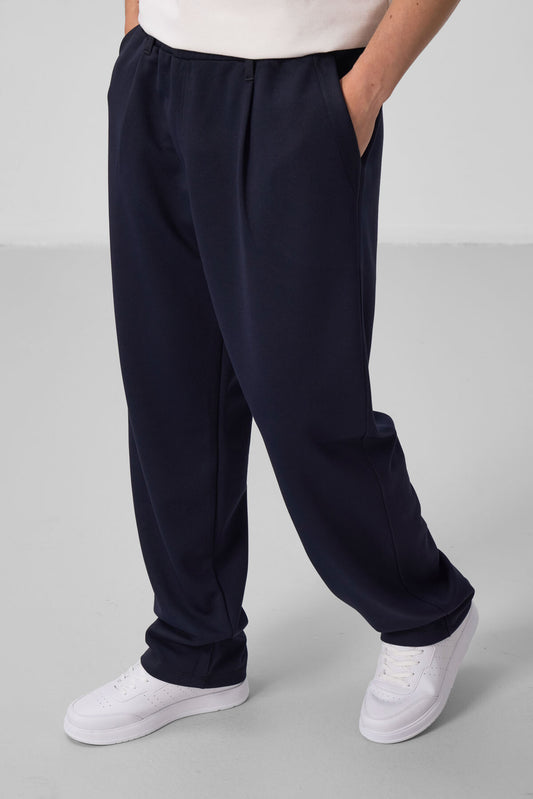 Navy Blue Textured Surface Comfort Fit Palazzo Men's Trousers - 82163