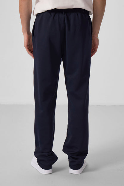 Navy Blue Textured Surface Comfort Fit Palazzo Men's Trousers - 82163