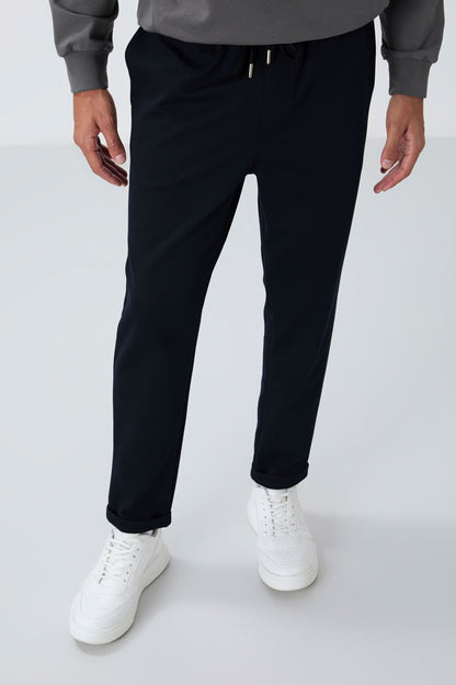 Navy Blue Textured Surface Standard Fit Men's Tracksuit Bottom - 82154