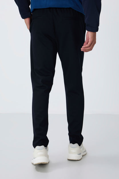 Navy Blue Textured Surface Standard Fit Men's Tracksuit Bottom - 82155