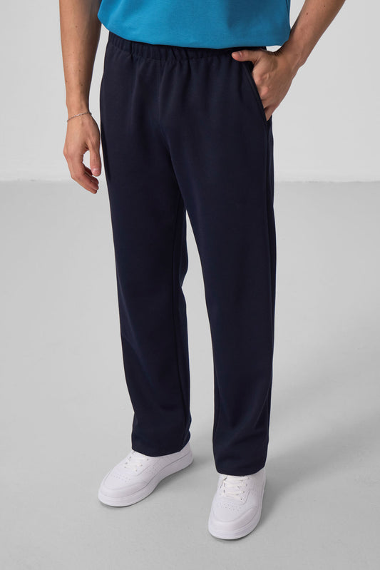 Navy Blue Textured Surface Comfortable Fit Palazzo Men's Trousers - 82164