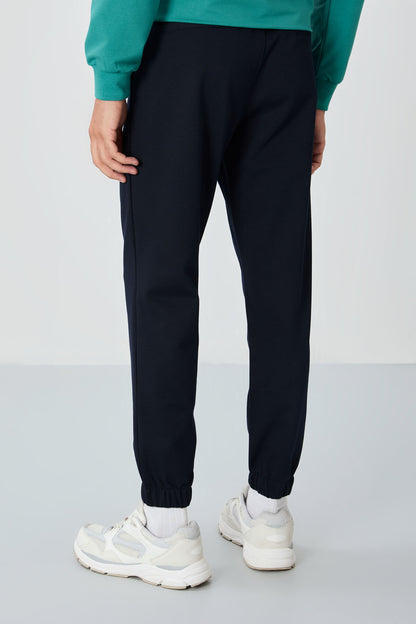 Navy Blue Textured Surface Standard Fit Men's Tracksuit Bottom - 82156