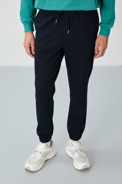 Navy Blue Textured Surface Standard Fit Men's Tracksuit Bottom - 82156