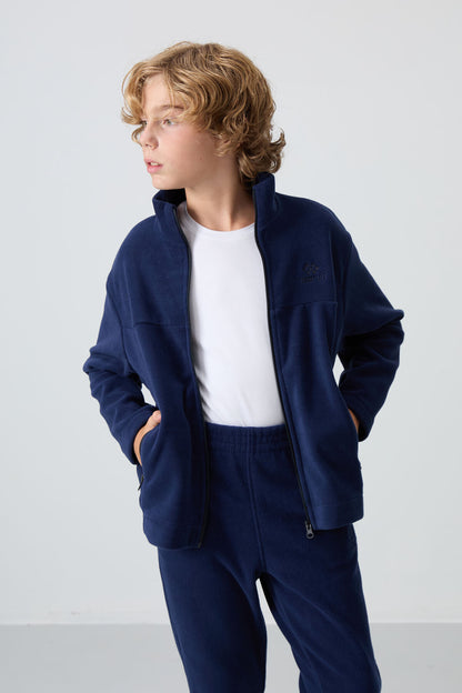 Navy Blue Thick Soft Textured Standard Fit Embroidered Fleece Boys' Sweatshirt - 11223