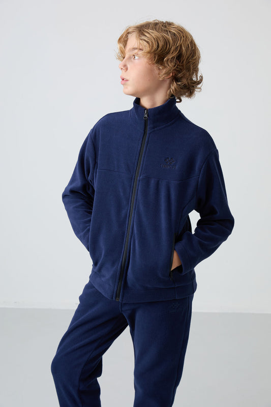 Navy Blue Thick Soft Textured Standard Fit Embroidered Fleece Boys' Sweatshirt - 11223