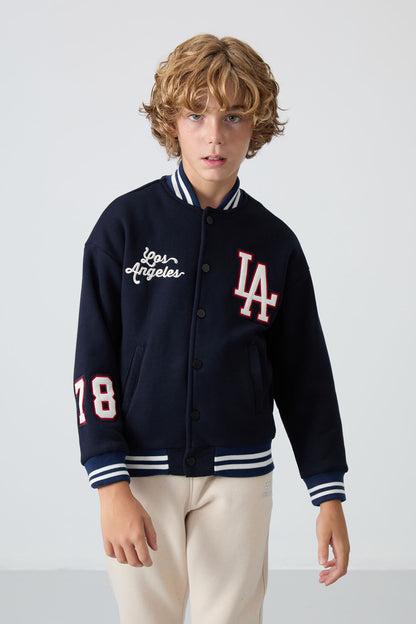 Navy Blue Cotton Thick Fleece-Lined Soft Textured Standard Fit Embroidered Boys' College Jacket - 11258