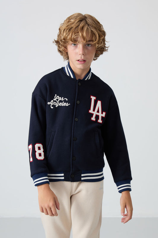 Navy Blue Cotton Thick Fleece-Lined Soft Textured Standard Fit Embroidered Boys' College Jacket - 11258