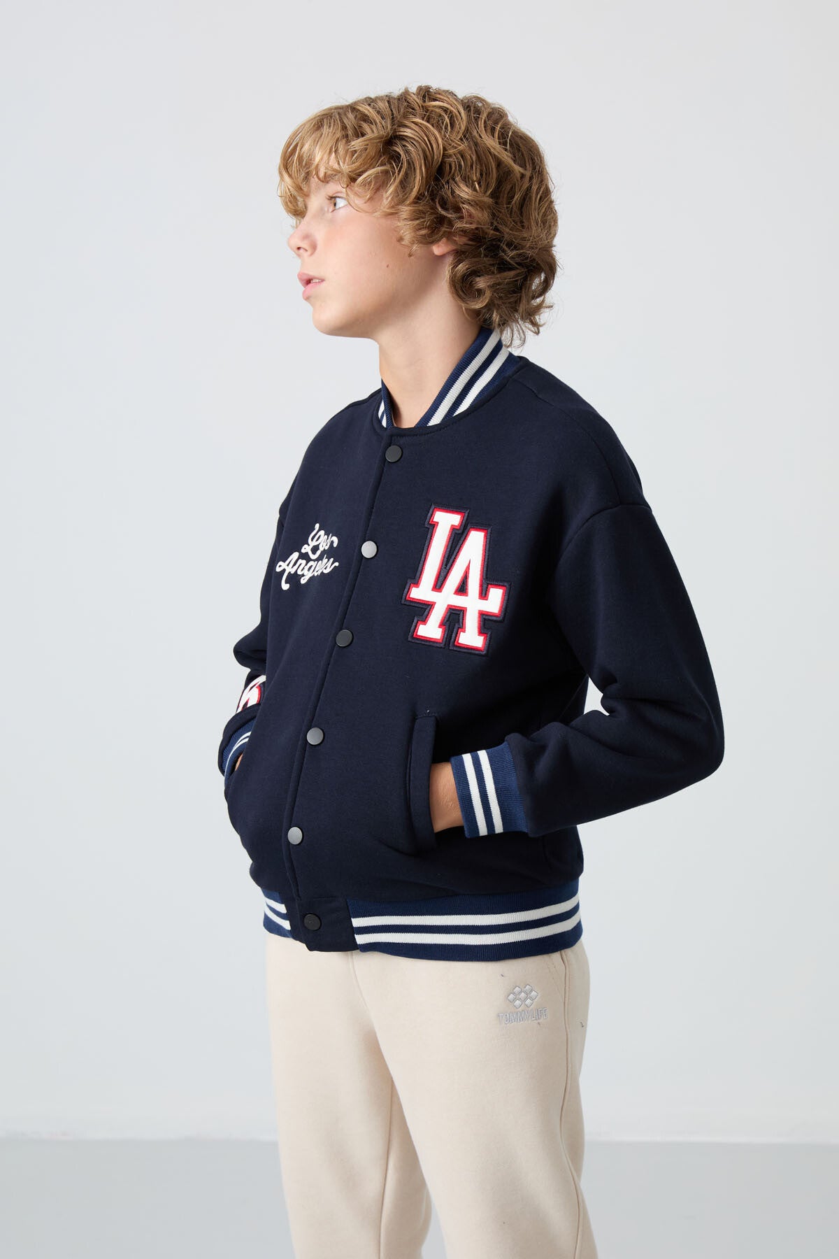 Navy Blue Cotton Thick Fleece-Lined Soft Textured Standard Fit Embroidered Boys' College Jacket - 11258