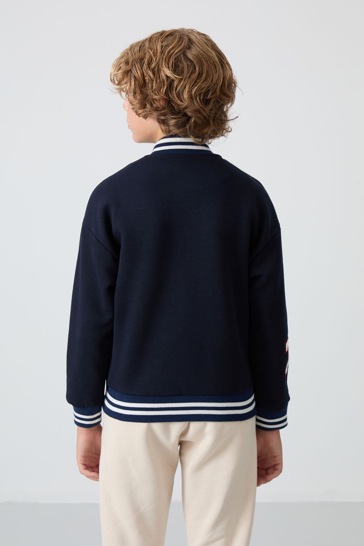 Navy Blue Cotton Thick Fleece-Lined Soft Textured Standard Fit Embroidered Boys' College Jacket - 11258