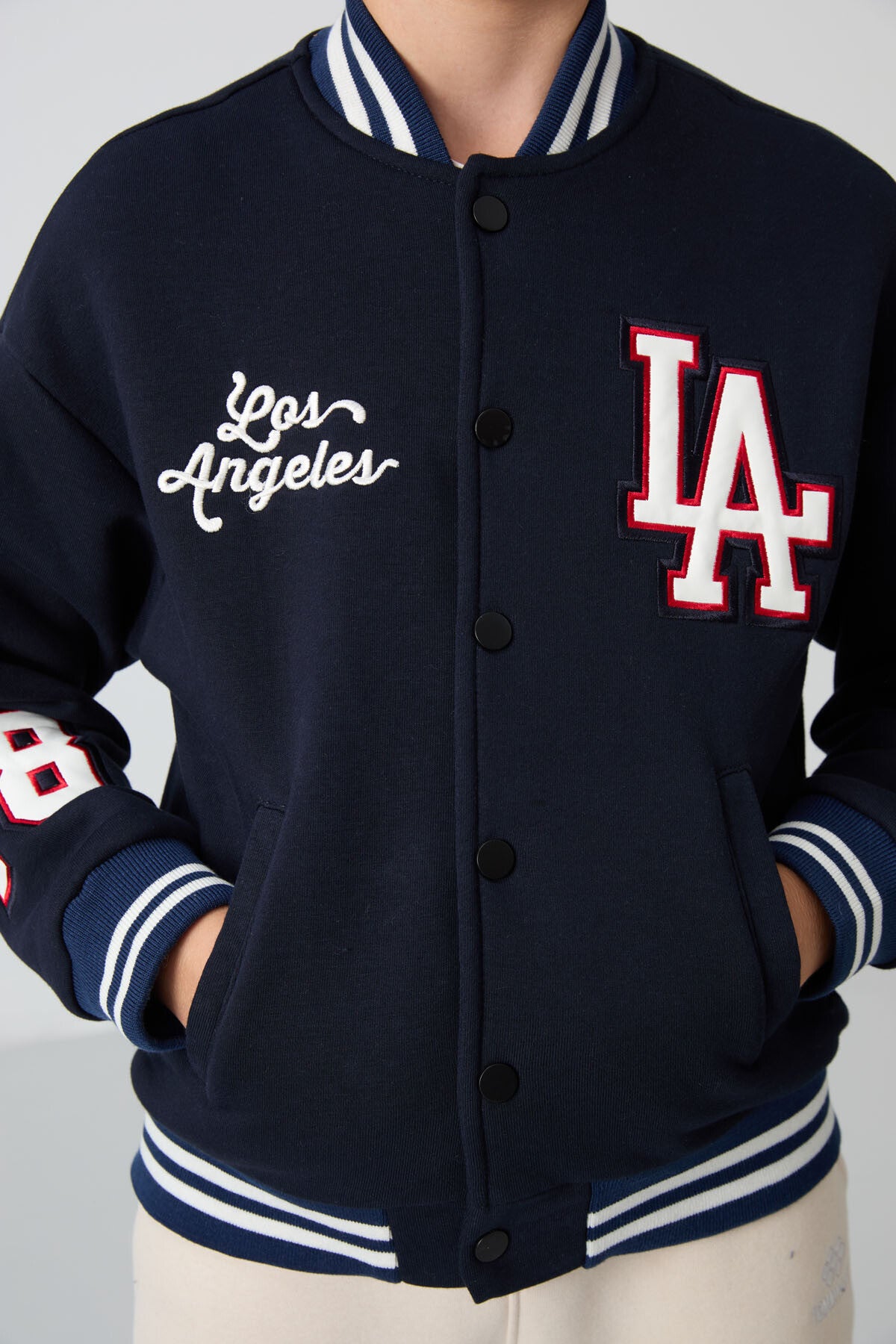 Navy Blue Cotton Thick Fleece-Lined Soft Textured Standard Fit Embroidered Boys' College Jacket - 11258