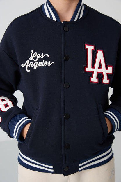 Navy Blue Cotton Thick Fleece-Lined Soft Textured Standard Fit Embroidered Boys' College Jacket - 11258
