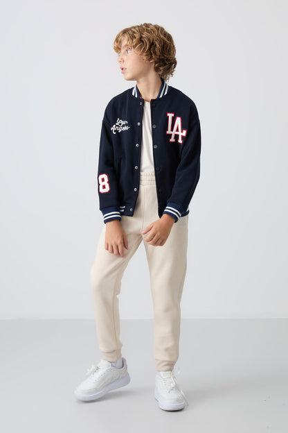 Navy Blue Cotton Thick Fleece-Lined Soft Textured Standard Fit Embroidered Boys' College Jacket - 11258