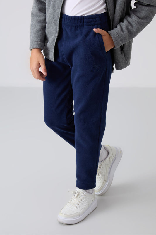 Navy Blue Thick Soft Textured Standard Fit Embroidered Fleece Boys' Tracksuit Bottom - 11219