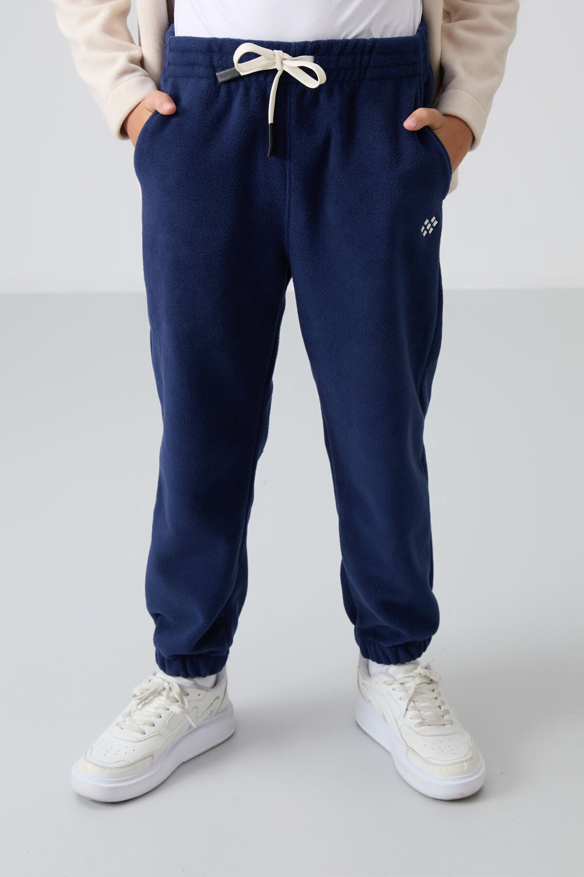 Navy Blue Thick Soft Textured Standard Fit Embroidered Fleece Boys' Tracksuit Bottom - 11220
