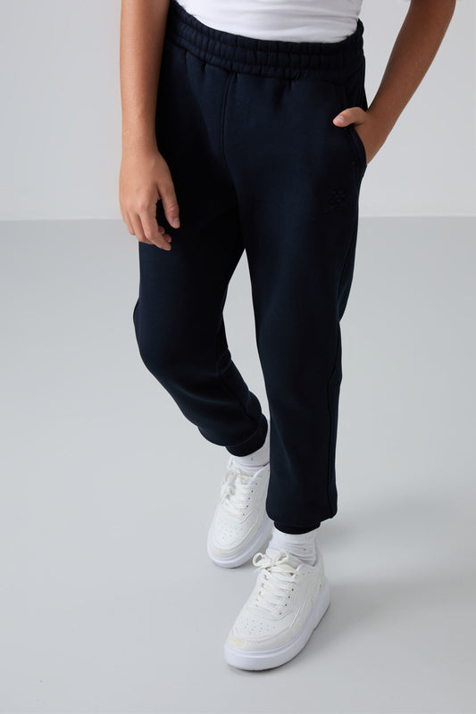 Navy Blue Cotton Thick Fleece-Lined Soft Textured Standard Fit Embroidered Boys' Tracksuit Bottom - 11224