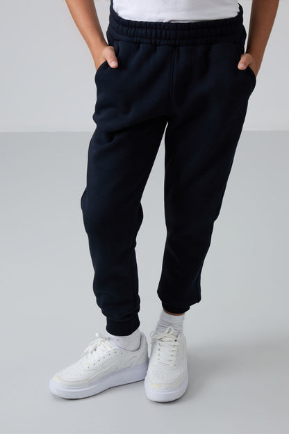 Navy Blue Cotton Thick Fleece-Lined Soft Textured Standard Fit Embroidered Boys' Tracksuit Bottom - 11224