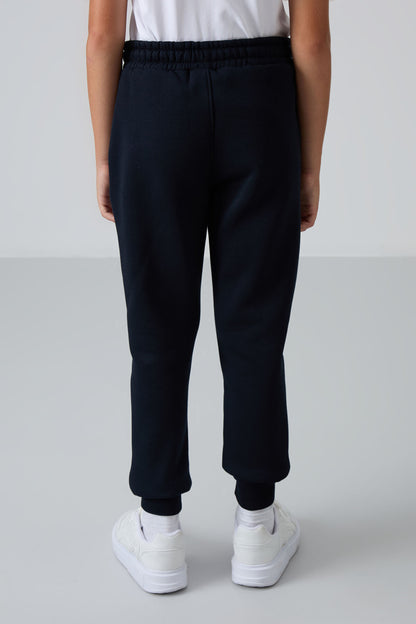 Navy Blue Cotton Thick Fleece-Lined Soft Textured Standard Fit Embroidered Boys' Tracksuit Bottom - 11224