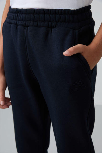 Navy Blue Cotton Thick Fleece-Lined Soft Textured Standard Fit Embroidered Boys' Tracksuit Bottom - 11224