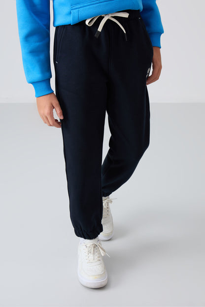 Navy Blue Cotton Thick Fleece-Lined Soft Textured Standard Fit Printed Boys' Tracksuit Bottom - 11225