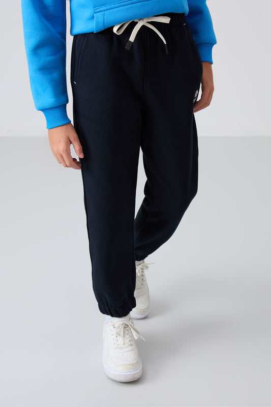 Navy Blue Cotton Thick Fleece-Lined Soft Textured Standard Fit Printed Boys' Tracksuit Bottom - 11225