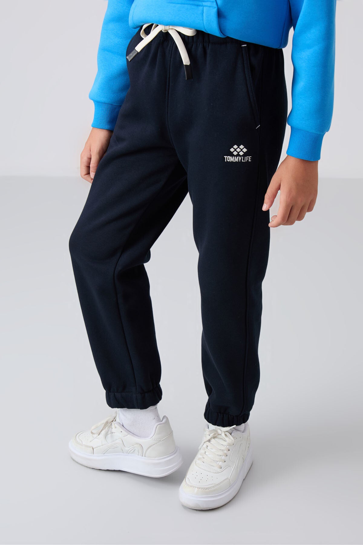 Navy Blue Cotton Thick Fleece-Lined Soft Textured Standard Fit Printed Boys' Tracksuit Bottom - 11225