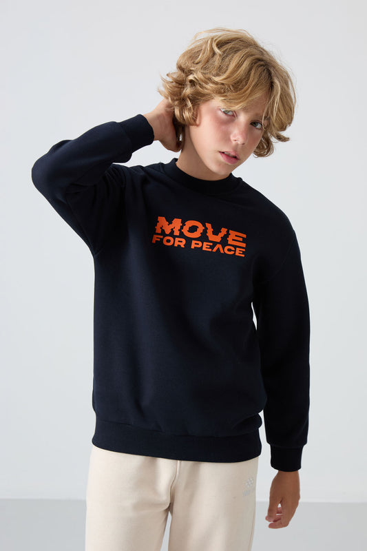 Navy Blue Cotton Thick Fleece-Lined Soft Textured Standard Fit Printed Boys' Sweatshirt - 11216